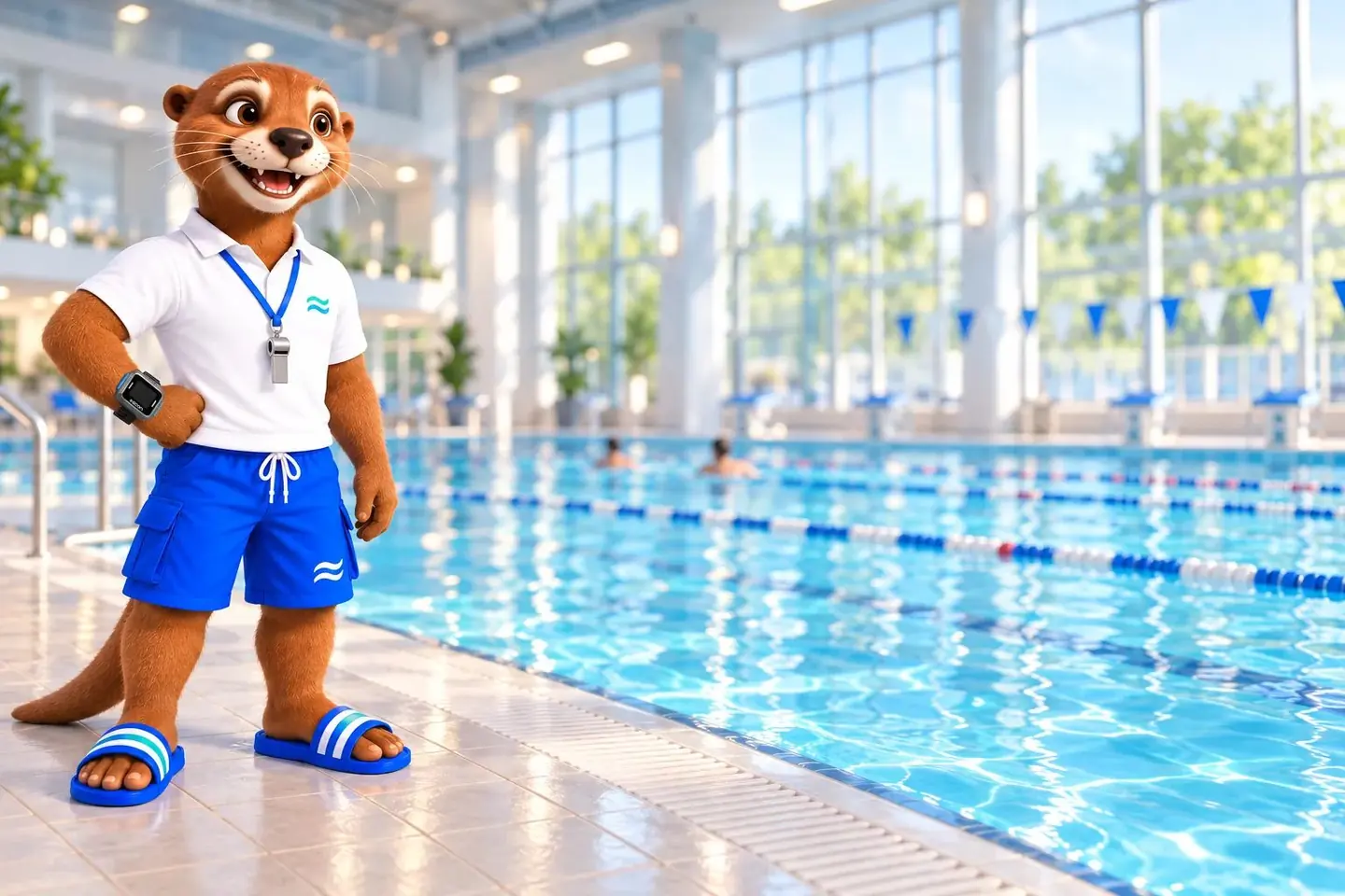Das EGON-Maskottchen: ein freundlicher Otter in Polo-Shirt, blauer Badehose und Badeschlappen, mit Trillerpfeife und Meldegerät am Arm, am Beckenrand eines hellen Hallenbads.